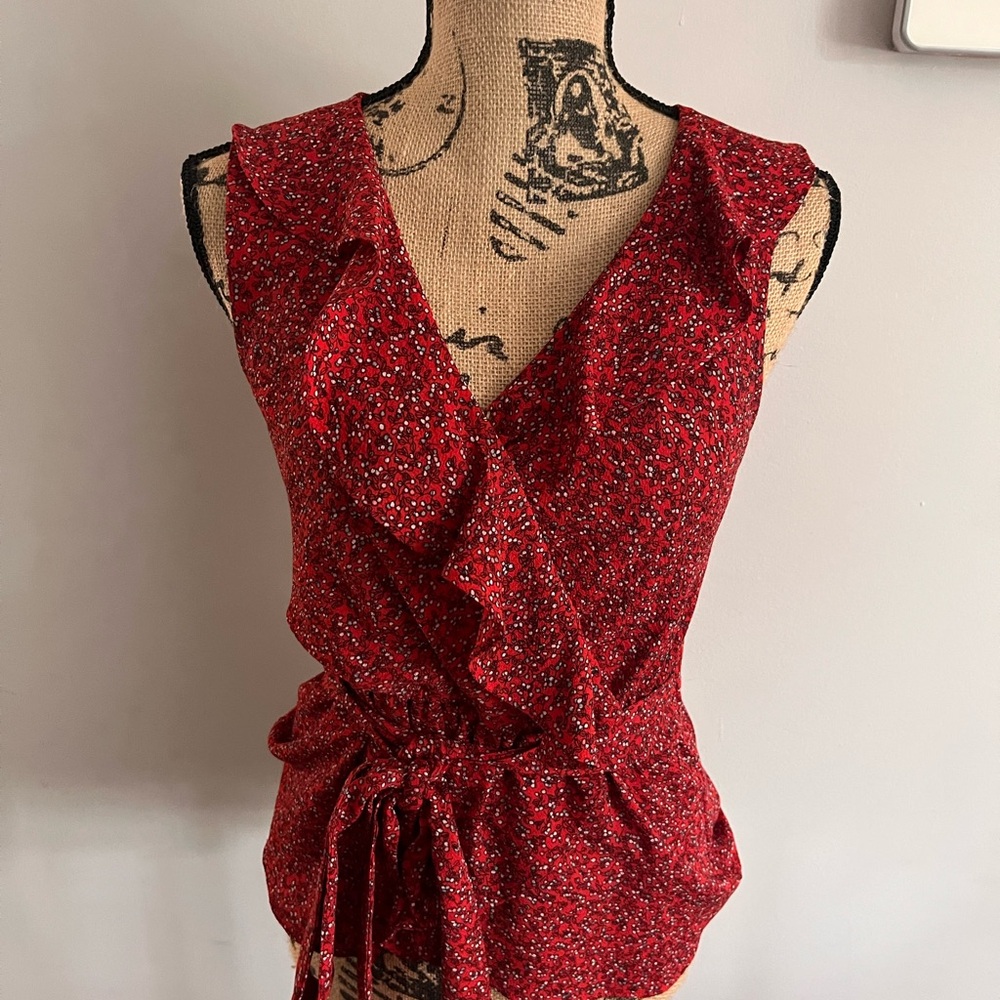 Elegant Red Floral Wrap Blouse